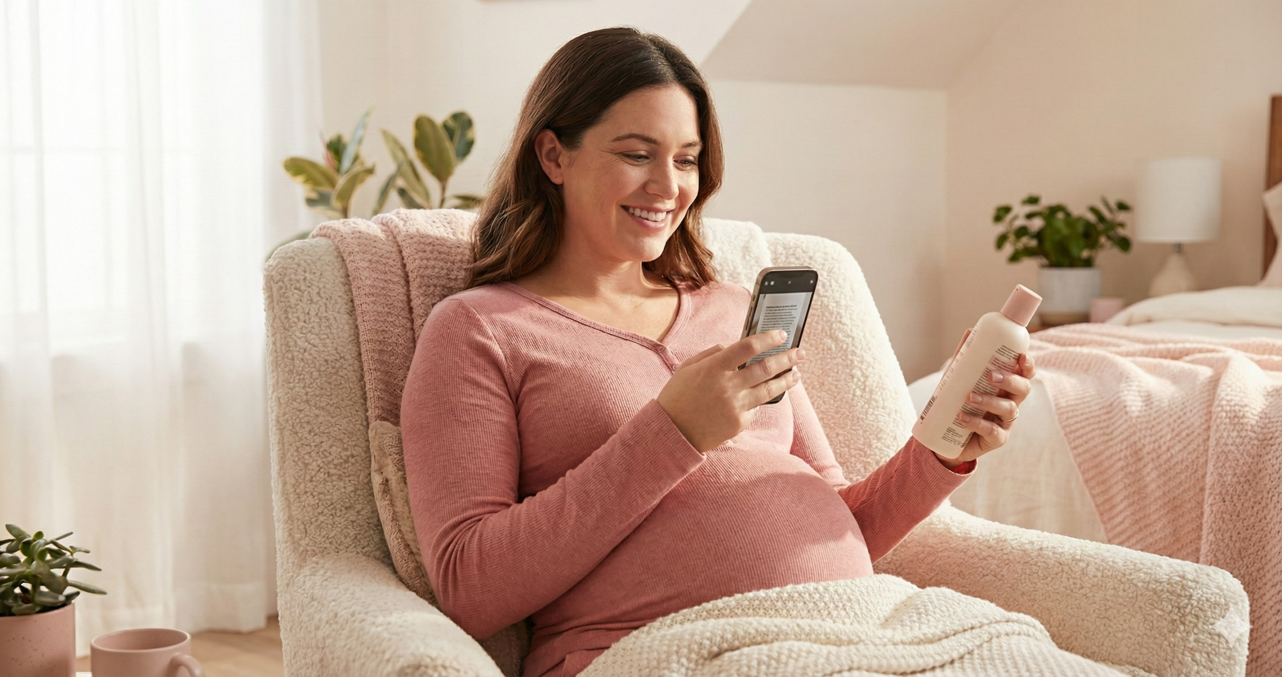 A pregnant woman smiling while looking at a 'Pregnancy-Safe' result on the Little Bean app after scanning a body lotion bottle.