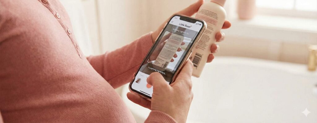 Pregnant woman using the Little Bean app to scan a skincare ingredient list directly from the bottle using text recognition technology.