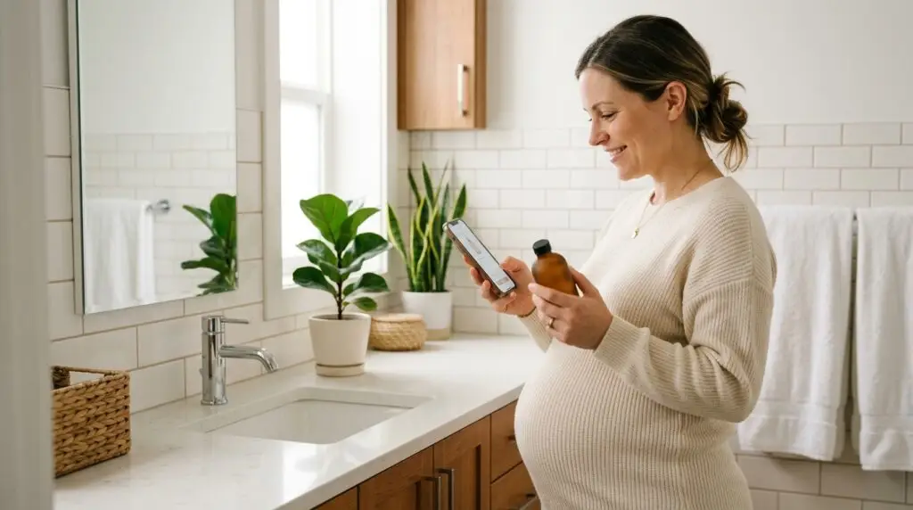 Pregnant woman using a pregnancy ingredient safety app to check a skincare product label.