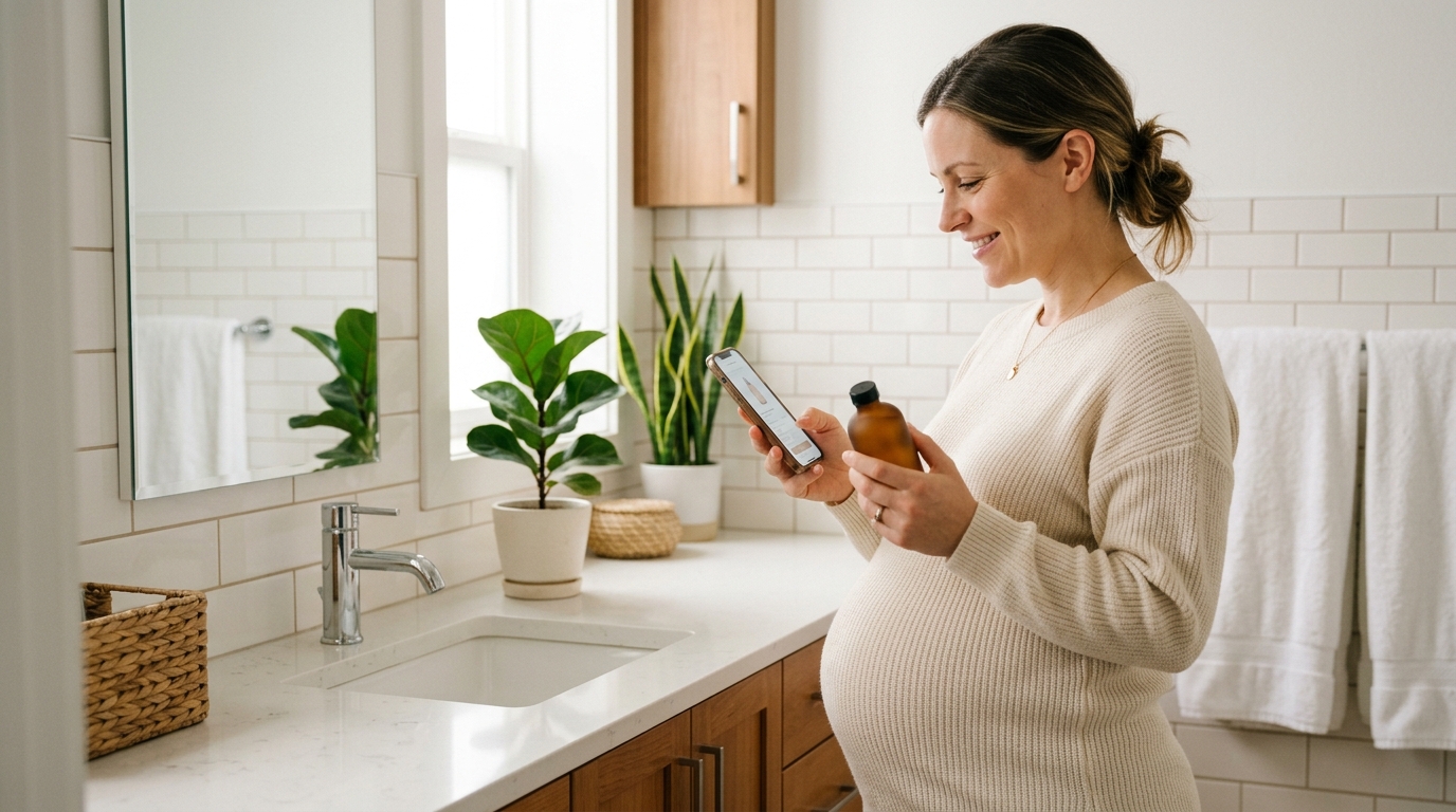 Pregnant woman using a pregnancy ingredient safety app to check a skincare product label.