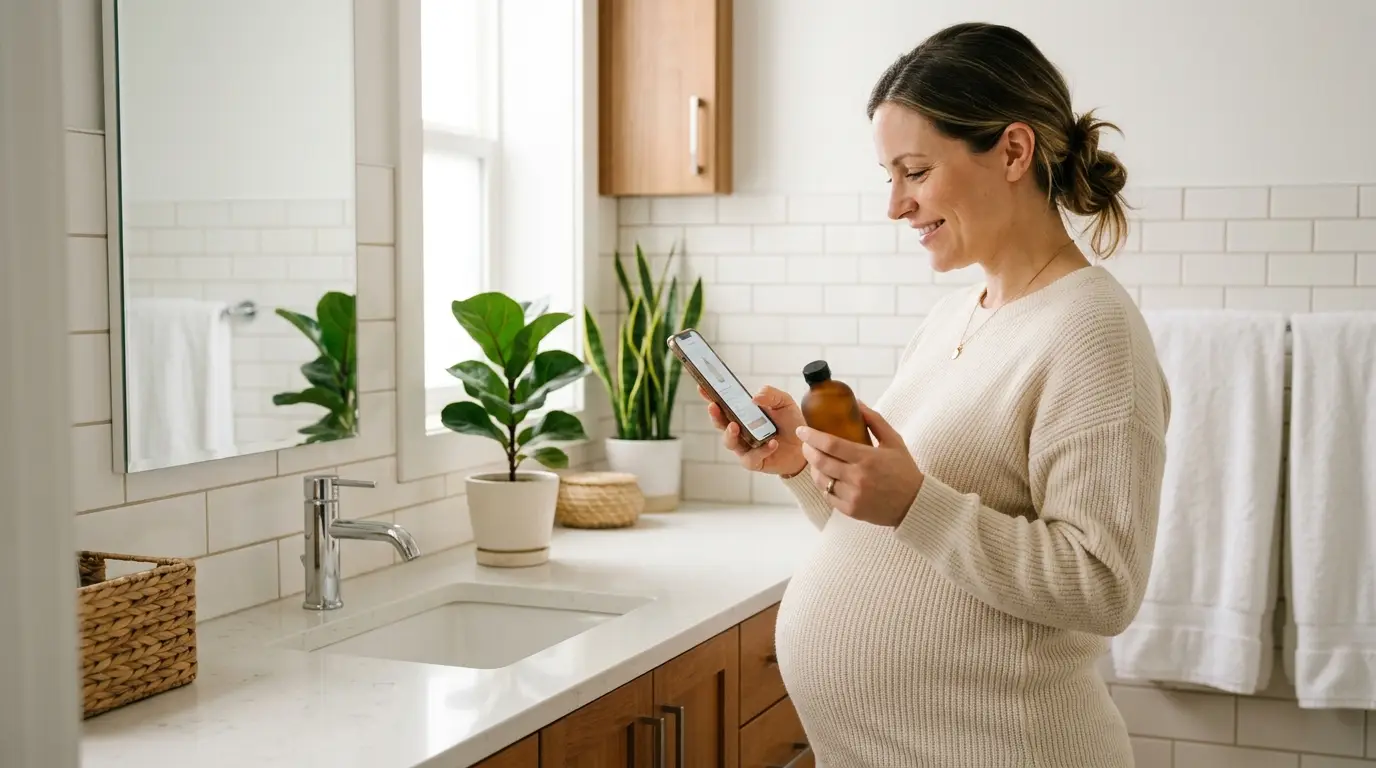 Pregnant woman using a pregnancy ingredient safety app to check a skincare product label.
